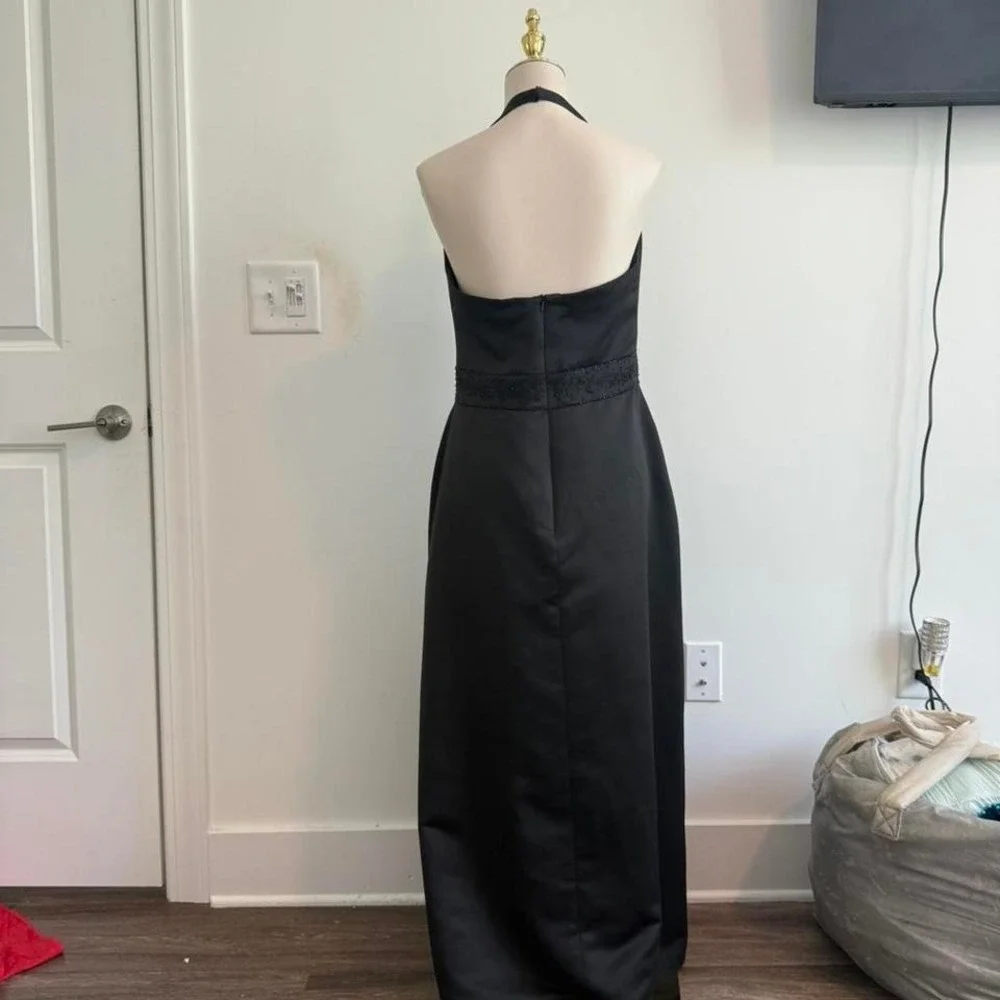 Vintage By Venus Black Satin‎ Halter Gown w/ Beaded Waist — Size 8